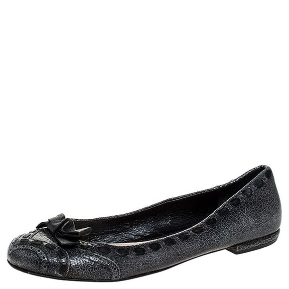 Prada Grey Textured Leather Bow Ballet Flats Size 39.5 - Picture 1 of 4